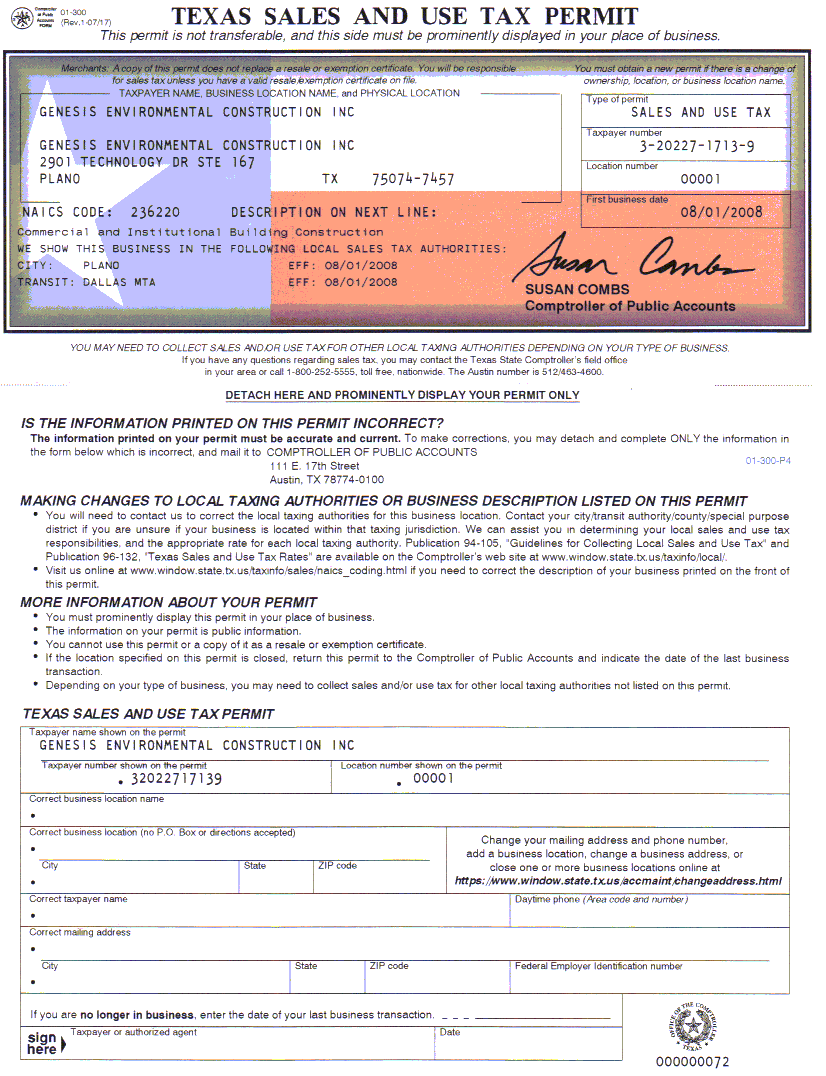 Taxes Sales and Use Tax Permit